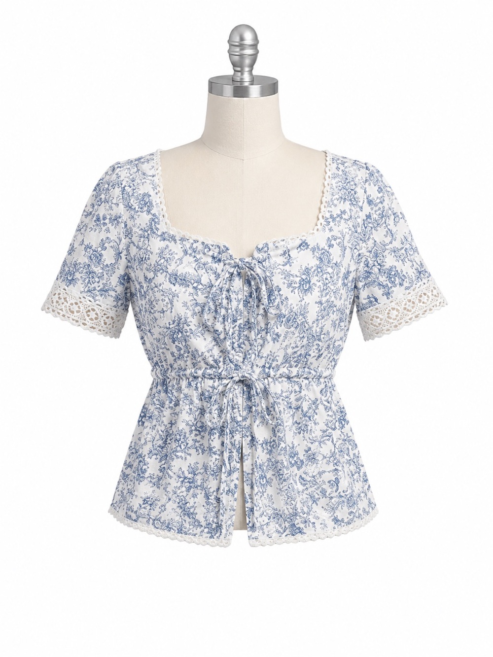 Lace-Trim Floral Tie-Front Blouse - Blue (Cross Posted)